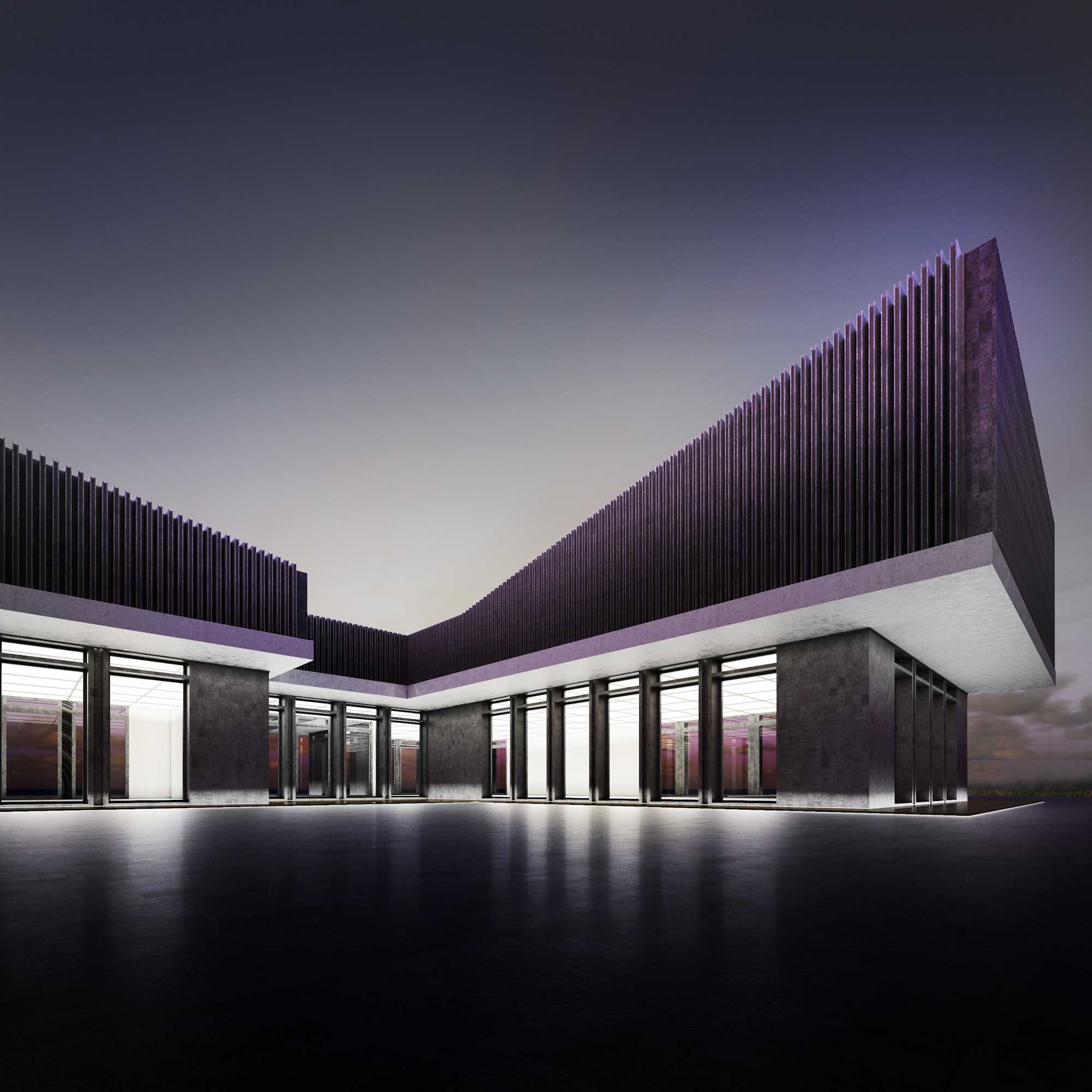 Outside rendering at night House with L-shaped plan